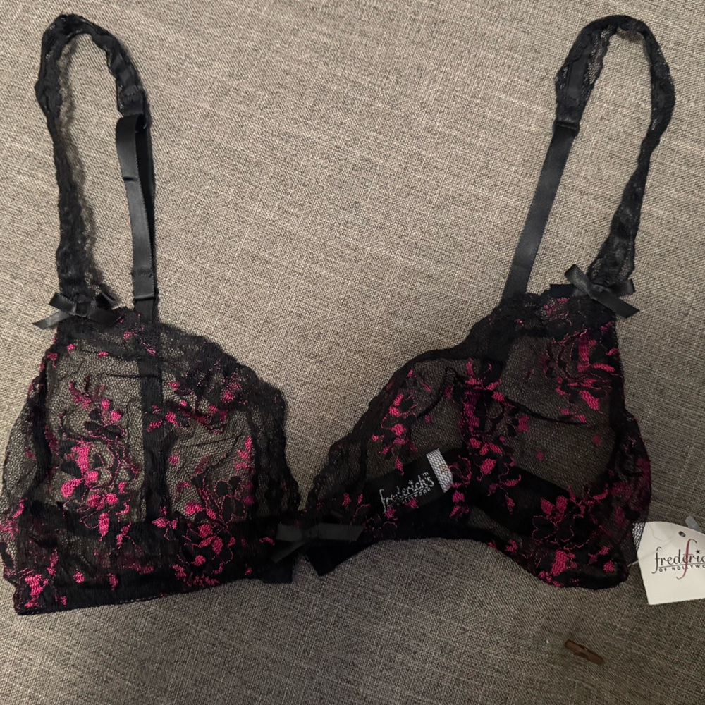 Frederick's of Hollywood Black and Pink Floral Lace Bralette